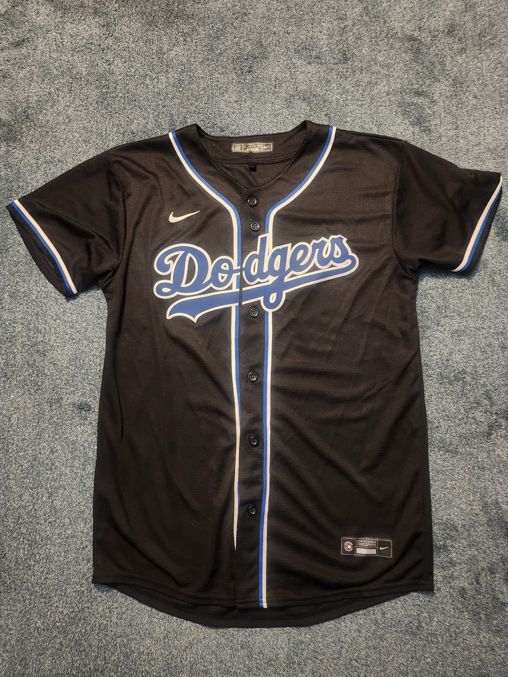 Genuine Merchandise Black Dodgers Baseball Jersey with Blue & White Trim